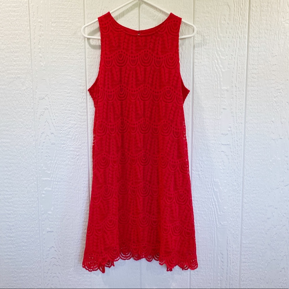 Sharagano Red Lace Sheath Dress, sleeveless Lace Dress, Sheath Dress, pencil